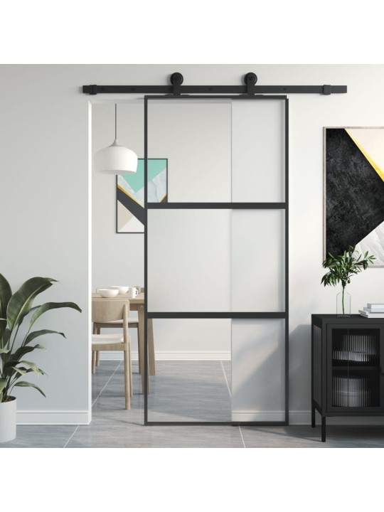 Posuvné dveře černé 90 x 205 cm tvrzené sklo a hliník