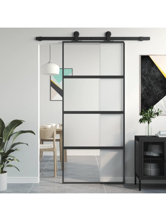 Posuvné dveře černé 90 x 205 cm tvrzené sklo a hliník