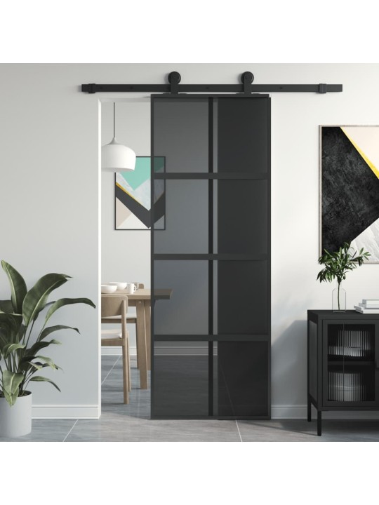 Posuvné dveře černé 76 x 205 cm tvrzené sklo a hliník