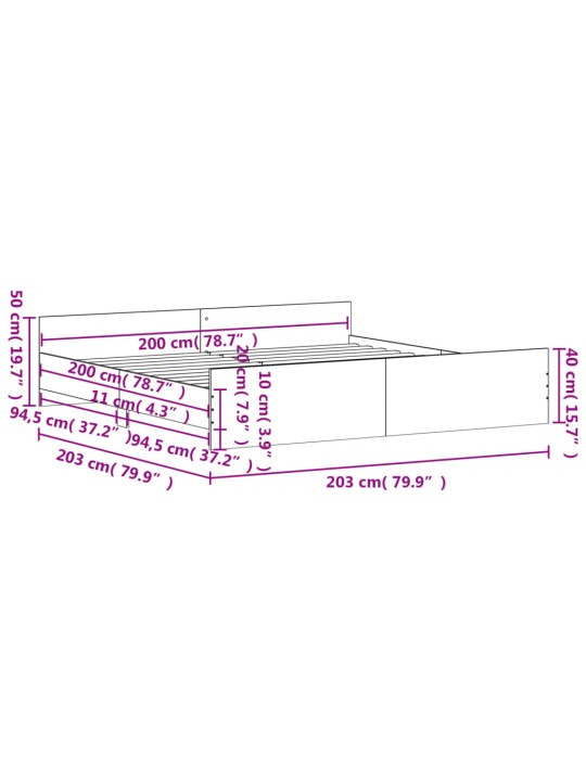 Rám postele s hlavovým a nožním čelem šedý sonoma 200 x 200 cm