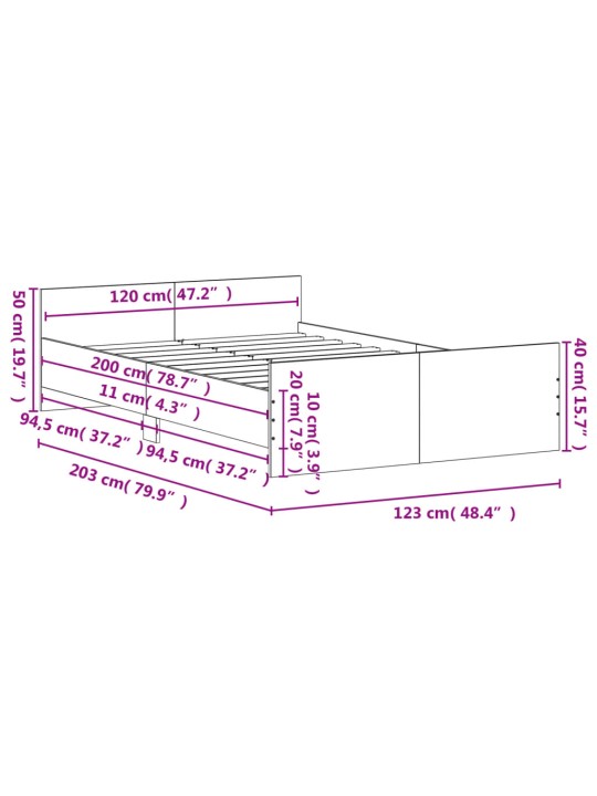 Rám postele s hlavovým a nožním čelem kouřový dub 120 x 200 cm