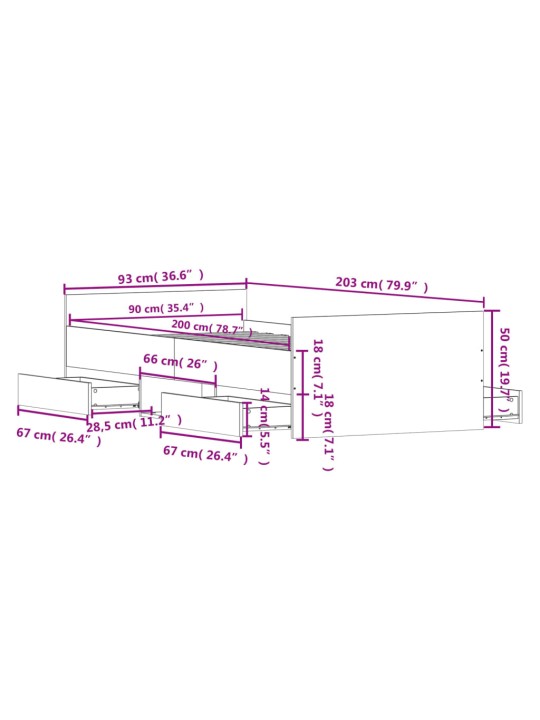 Rám postele s hlavovým a nožním čelem dub sonoma 90 x 200 cm