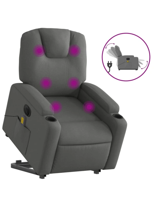 Elektrické zvedací masážní polohovací křeslo tmavě šedé textil