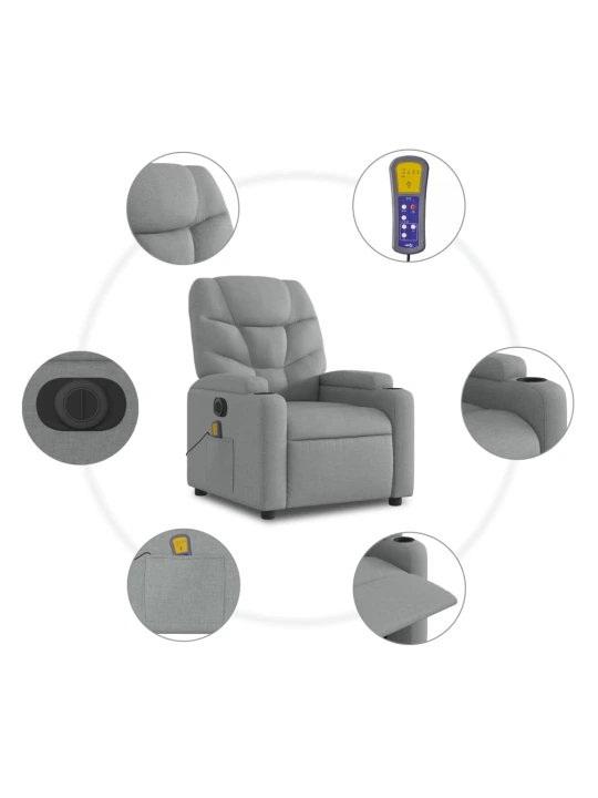 Elektrické zvedací masážní polohovací křeslo světle šedé textil