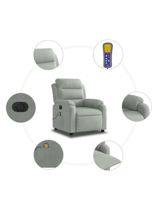Elektrické masážní polohovací křeslo světle šedé samet