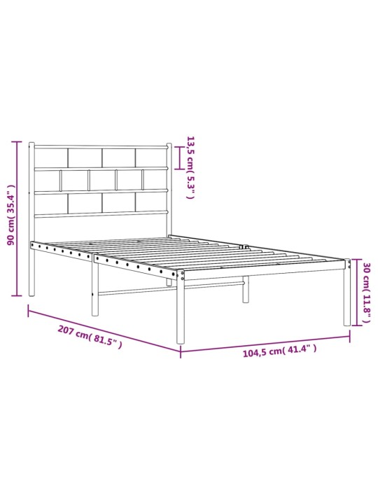 Kovový rám postele s čelem bílý 100 x 200 cm