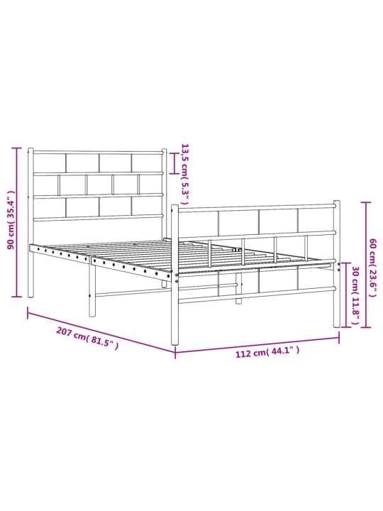 Kovový rám postele s hlavovým a nožním čelem bílý 107 x 203 cm