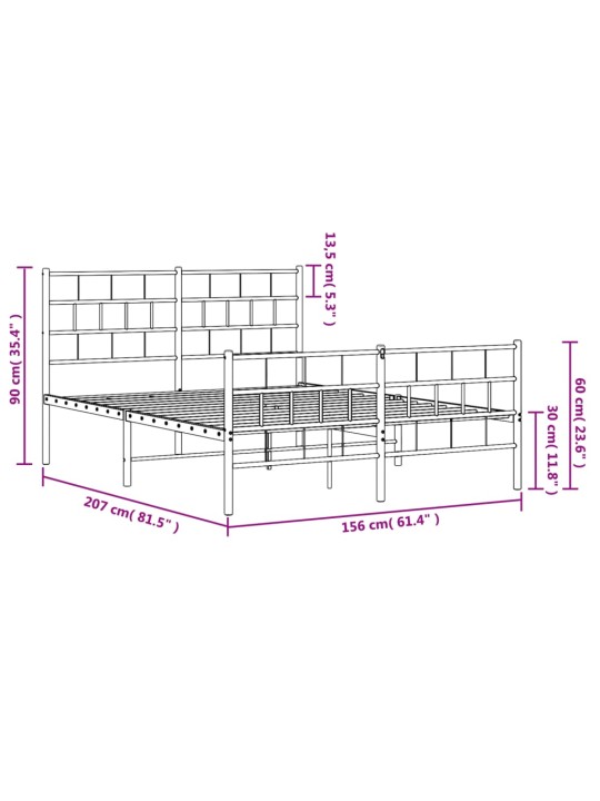 Kovový rám postele s hlavovým a nožním čelem bílý 150 x 200 cm
