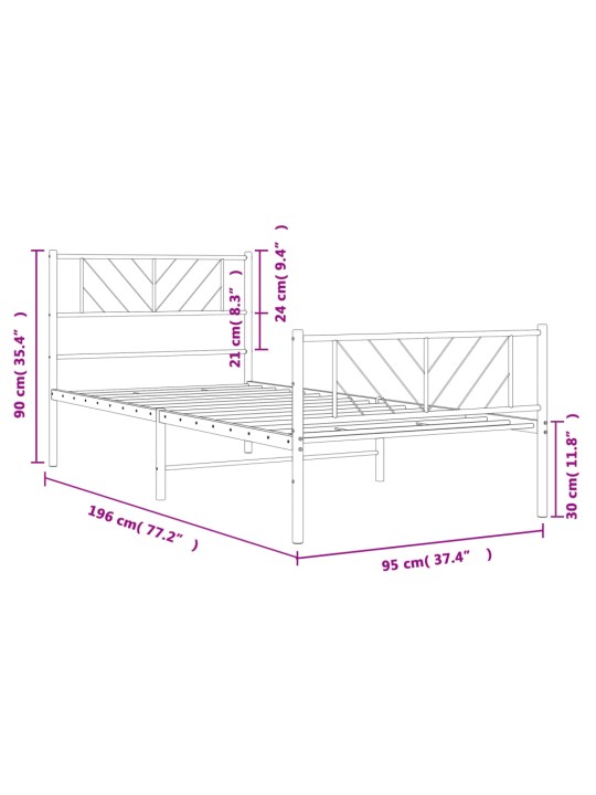 Kovový rám postele s hlavovým a nožním čelem černý 90 x 190 cm