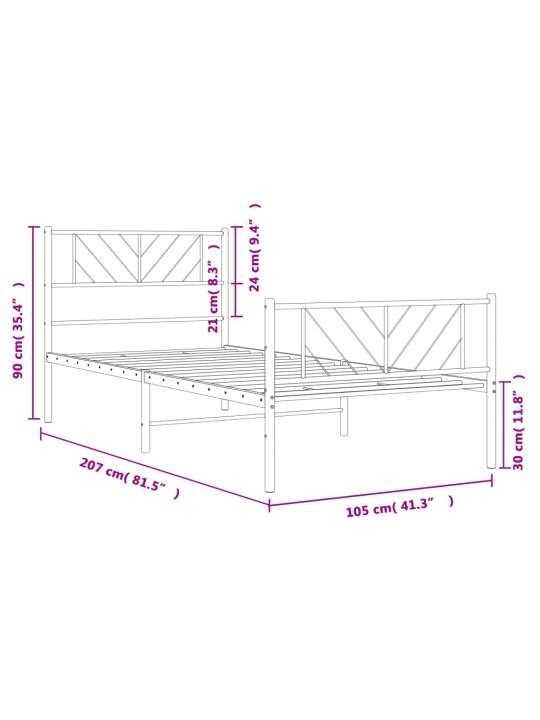 Kovový rám postele s hlavovým a nožním čelem bílý 100 x 200 cm