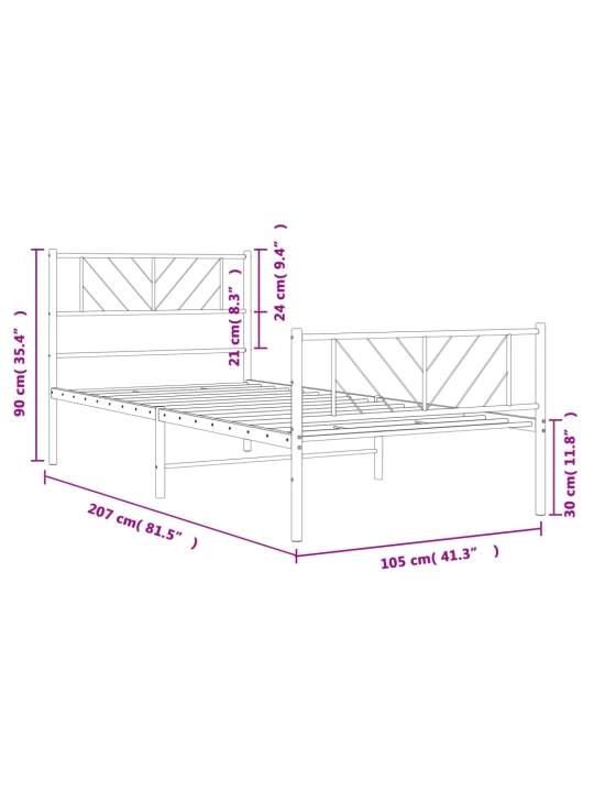 Kovový rám postele s hlavovým a nožním čelem bílý 100 x 200 cm