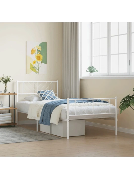 Kovový rám postele s hlavovým a nožním čelem bílý 100 x 200 cm