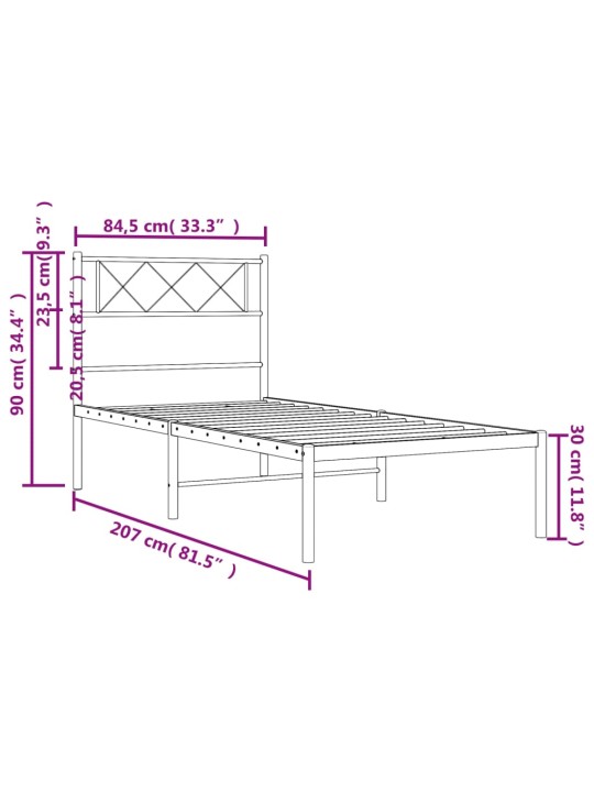 Kovový rám postele s čelem černý 80 x 200 cm