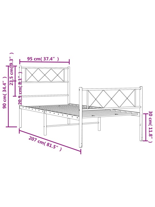 Kovový rám postele s hlavovým a nožním čelem černý 90 x 200 cm