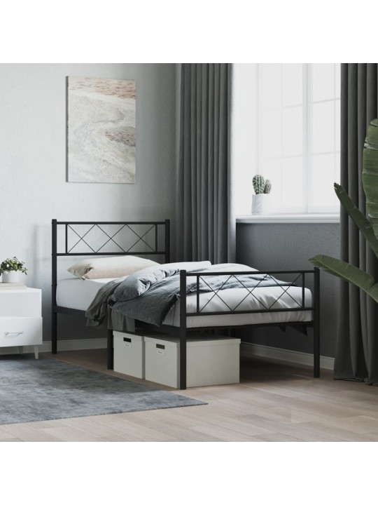 Kovový rám postele s hlavovým a nožním čelem černý 90 x 200 cm