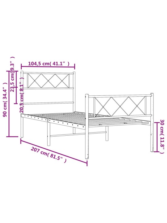 Kovový rám postele s hlavovým a nožním čelem černý 100 x 200 cm