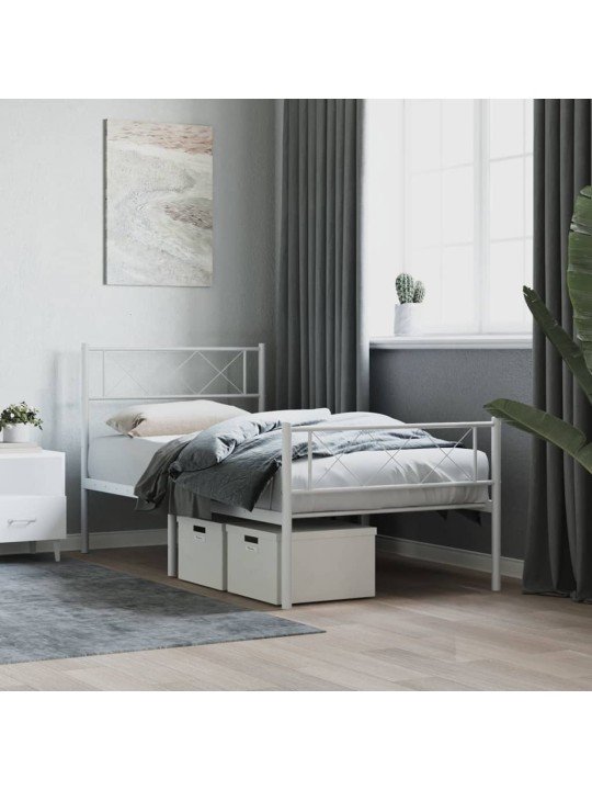 Kovový rám postele s hlavovým a nožním čelem bílý 107 x 203 cm