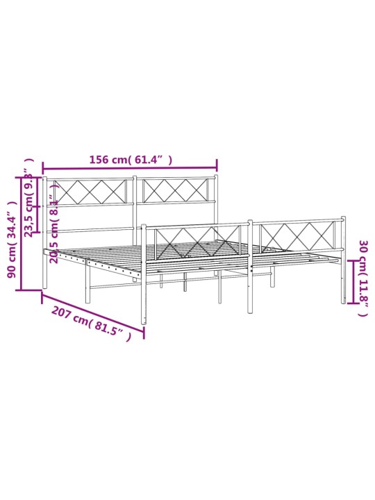 Kovový rám postele s hlavovým a nožním čelem bílý 150 x 200 cm