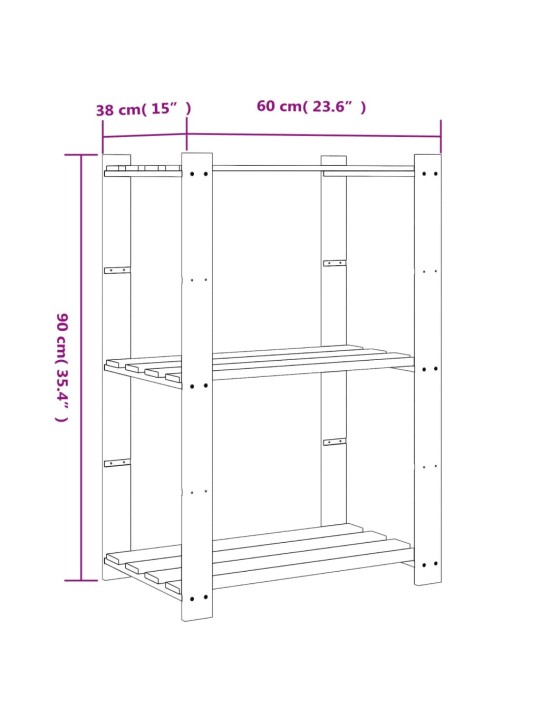 3patrový úložný regál černý 60x38x90 cm masivní borové dřevo