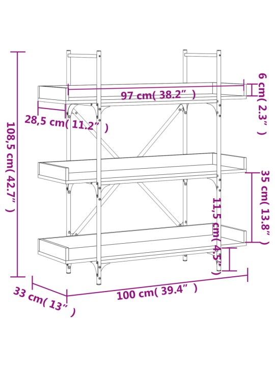 Knihovna se 3 policemi šedá sonoma 100 x 33 x 108,5 cm kompozit