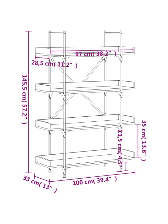 Knihovna s 4 policemi hnědý dub 100 x 33 x 145,5 cm kompozit