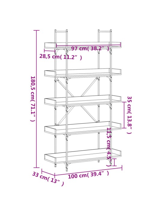 Knihovna s 5 policemi hnědý dub 100 x 33 x 180,5 cm kompozit