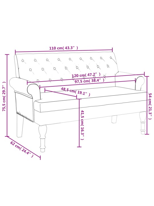 Lavice s opěradlem tmavě šedá 120 x 62 x 75,5 cm textil