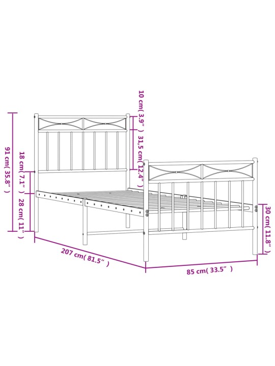 Kovový rám postele s hlavovým a nožním čelem černý 80 x 200 cm