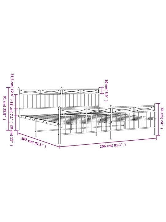 Kovový rám postele s hlavovým a nožním čelem černý 200 x 200 cm