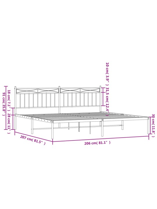 Kovový rám postele s čelem bílý 200 x 200 cm