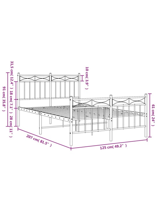Kovový rám postele s hlavovým a nožním čelem bílý 120 x 200 cm