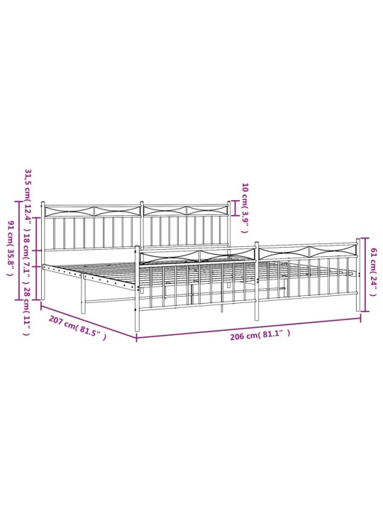 Kovový rám postele s hlavovým a nožním čelem bílý 200 x 200 cm