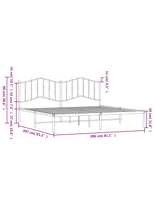 Kovový rám postele s čelem bílý 200 x 200 cm