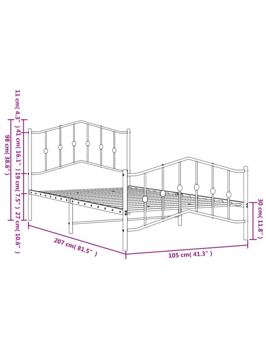 Kovový rám postele s hlavovým a nožním čelem bílý 100 x 200 cm