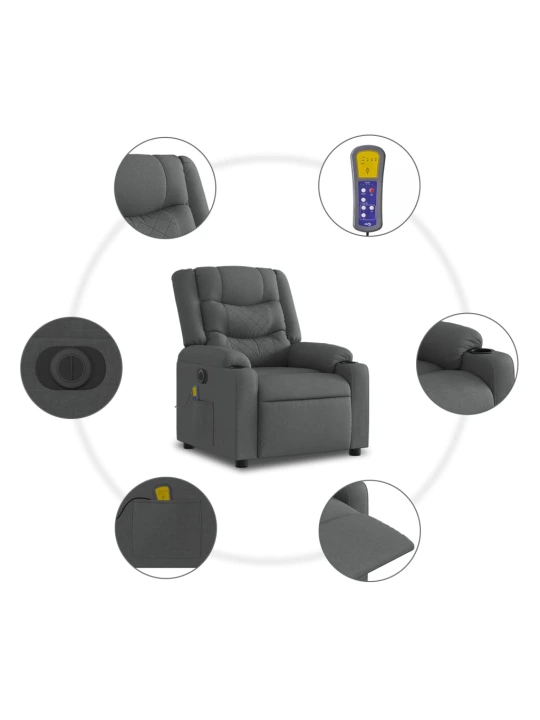 Elektrické zvedací masážní polohovací křeslo tmavě šedé textil