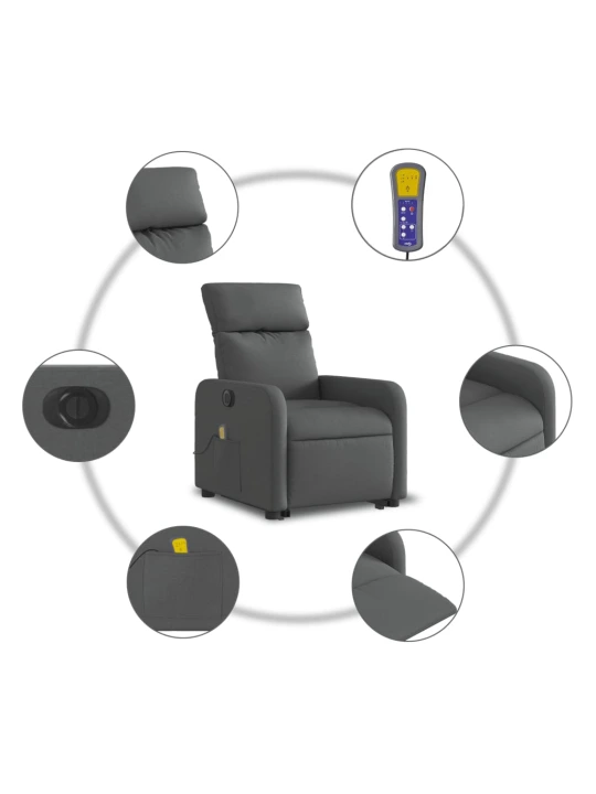 Elektrické zvedací masážní polohovací křeslo tmavě šedé textil