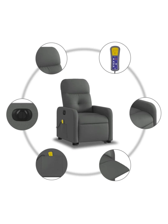 Elektrické zvedací masážní polohovací křeslo tmavě šedé textil