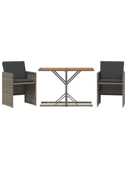 3dílný bistro set s poduškami šedý polyratan