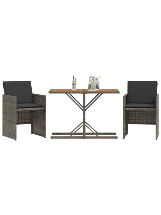 3dílný bistro set s poduškami šedý polyratan