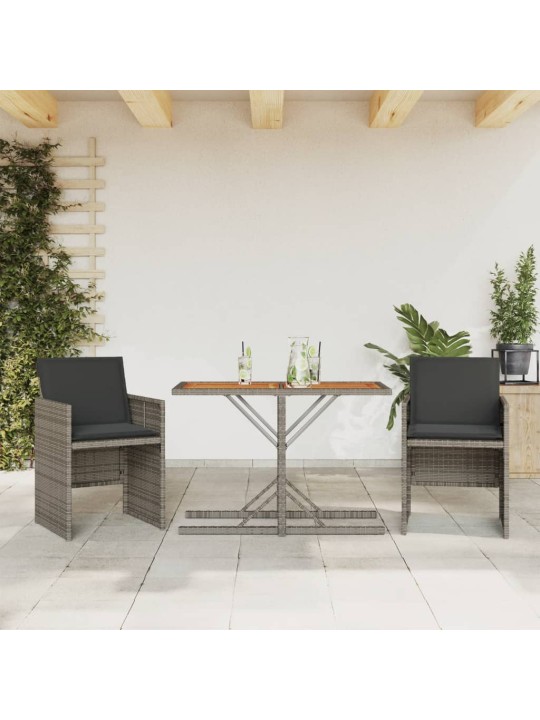 3dílný bistro set s poduškami šedý polyratan