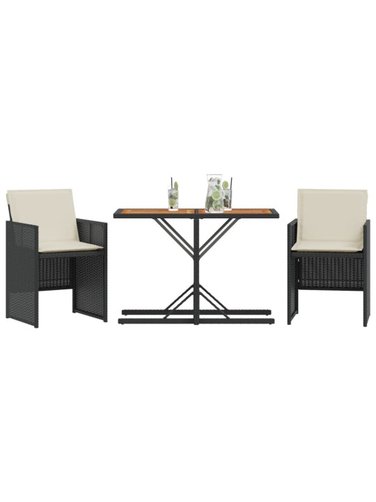 3dílný bistro set s poduškami černý polyratan