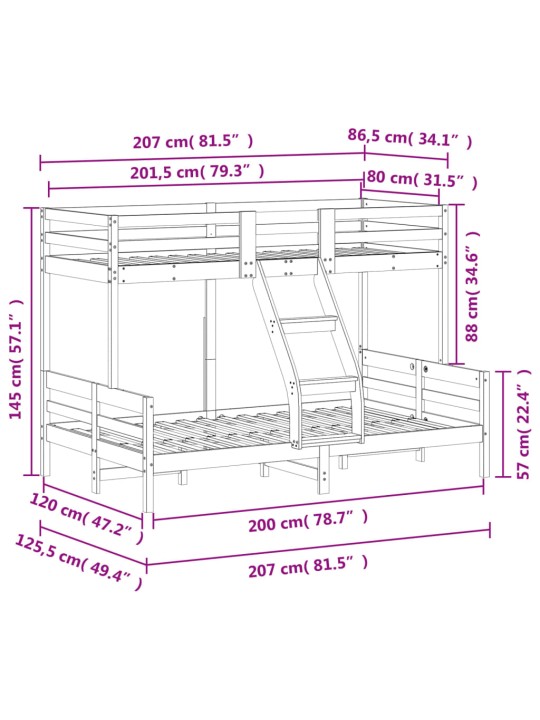 Patrová postel 80 x 200/120 x 200 cm voskově hnědá borové dřevo