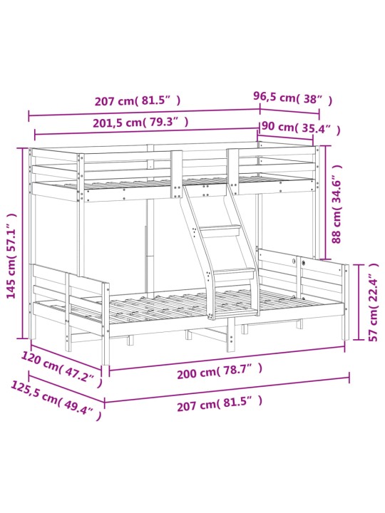 Patrová postel 90 x 200/120 x 200 cm masivní borové dřevo