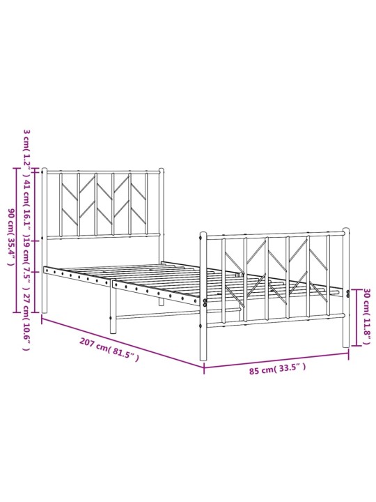 Kovový rám postele s hlavovým a nožním čelem černý 80 x 200 cm