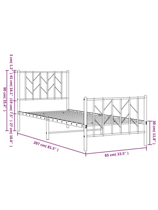 Kovový rám postele s hlavovým a nožním čelem bílý 80 x 200 cm