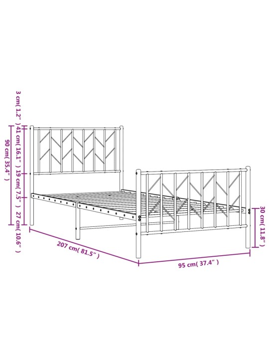 Kovový rám postele s hlavovým a nožním čelem bílý 90 x 200 cm