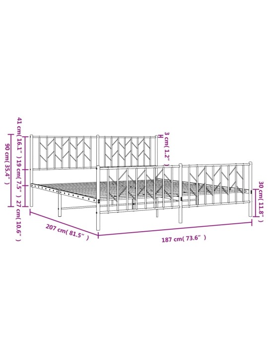 Kovový rám postele s hlavovým a nožním čelem bílý 180 x 200 cm