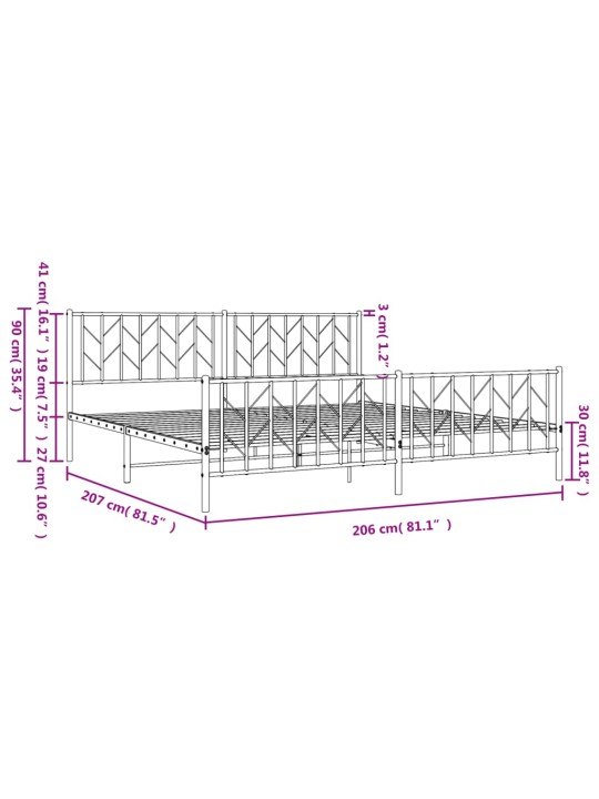 Kovový rám postele s hlavovým a nožním čelem bílý 200 x 200 cm