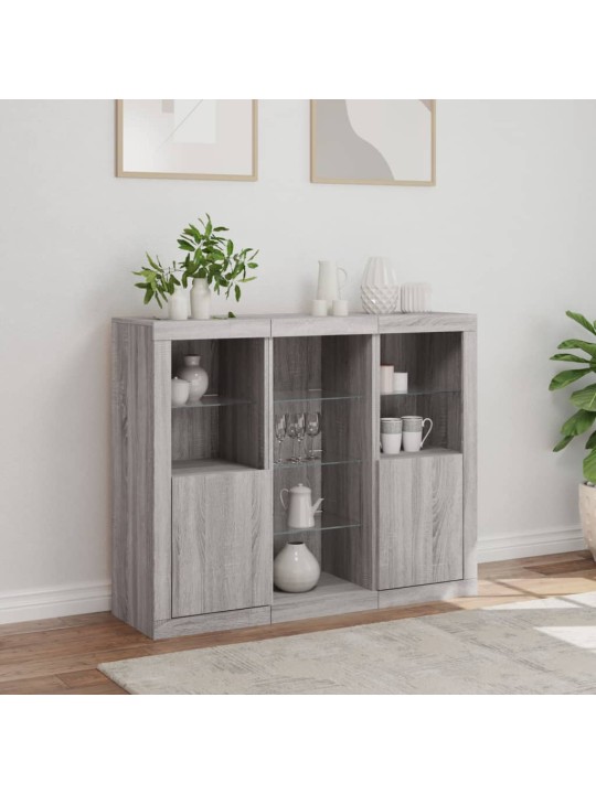 Příborníky s LED osvětlením 3 ks šedé sonoma kompozitní dřevo