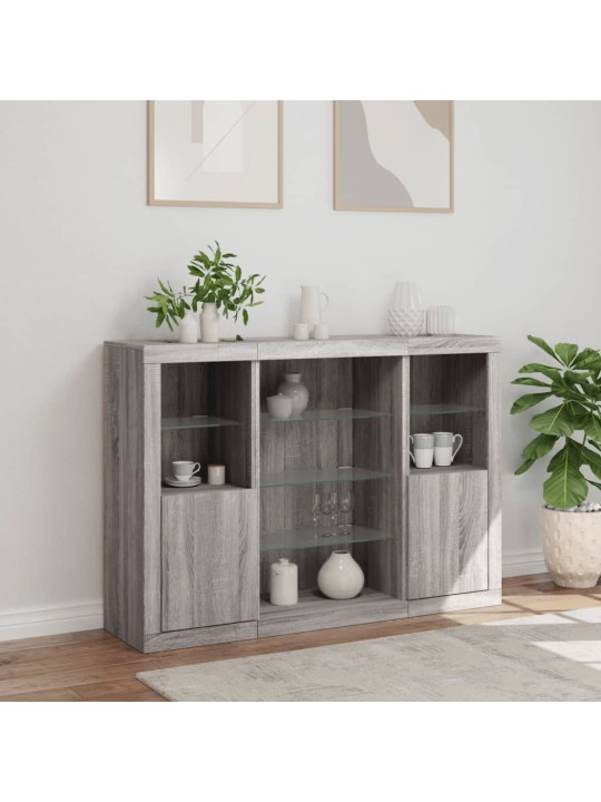 Příborníky s LED osvětlením 3 ks šedé sonoma kompozitní dřevo